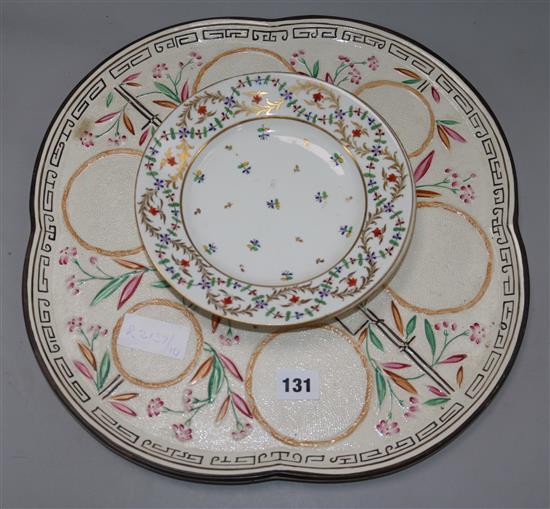 A pair of early gilt and floral Crown Derby plates and a ceramic tray